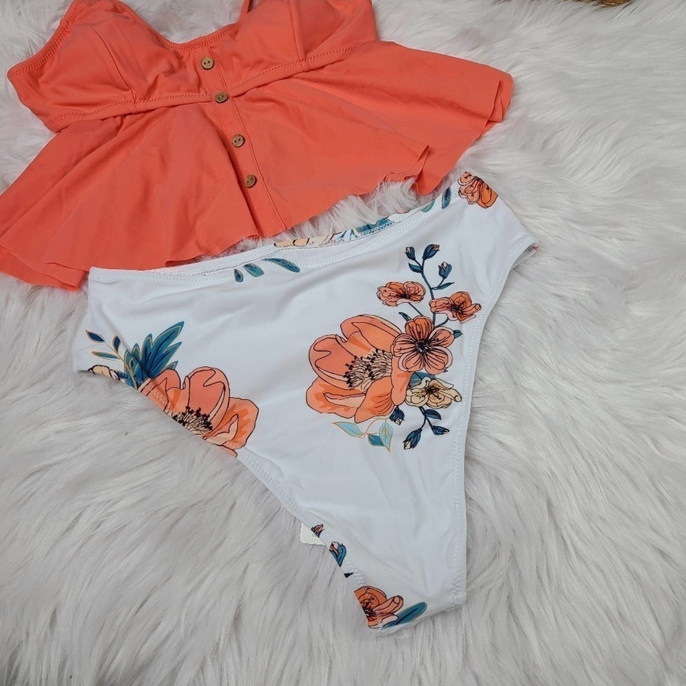 Pink And Floral Ruffle Buttoned Tankini - Picture 8 of 12